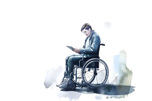 young adult man in a wheelchair using smartphone on white background. Neural network generated in May 2023. Not based on any actual person, scene or pattern.