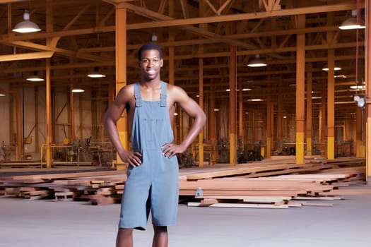 smiling african american male worker standing in a warehouse. Neural network generated in May 2023. Not based on any actual person, scene or pattern.