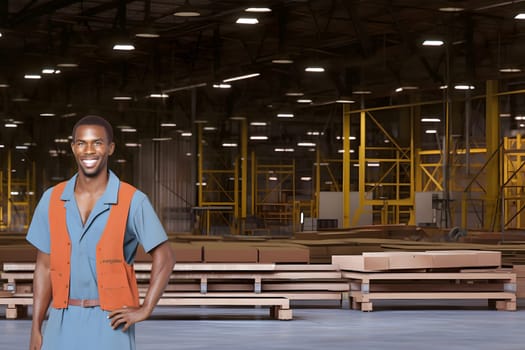 smiling african american male worker standing in a warehouse. Neural network generated in May 2023. Not based on any actual person, scene or pattern.