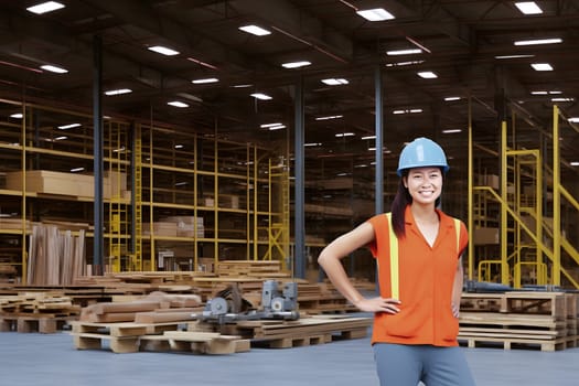 smiling asian female worker standing in a warehouse. Neural network generated in May 2023. Not based on any actual person, scene or pattern.