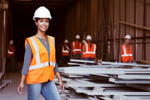 smiling mixed race female worker standing in a warehouse. Neural network generated in May 2023. Not based on any actual person, scene or pattern.