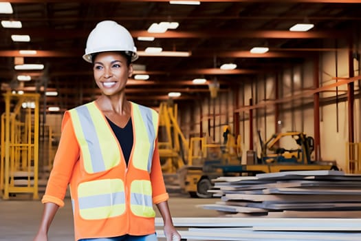 smiling mixed race female worker standing in a warehouse. Neural network generated in May 2023. Not based on any actual person, scene or pattern.