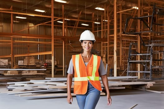 smiling mixed race female worker standing in a warehouse. Neural network generated in May 2023. Not based on any actual person, scene or pattern.