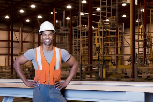 smiling mixed race male worker with hard hat standing in a warehouse. Neural network generated in May 2023. Not based on any actual person, scene or pattern.