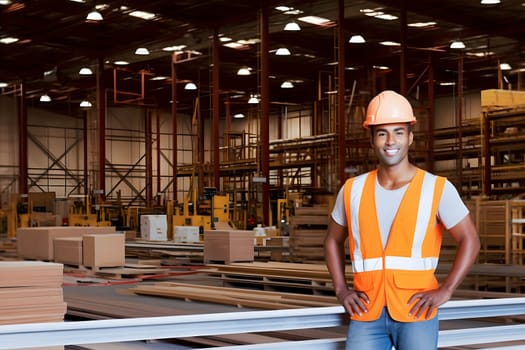 smiling mixed race male worker with hard hat standing in a warehouse. Neural network generated in May 2023. Not based on any actual person, scene or pattern.