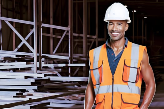 smiling mixed race male worker with hard hat standing in a warehouse. Neural network generated in May 2023. Not based on any actual person, scene or pattern.