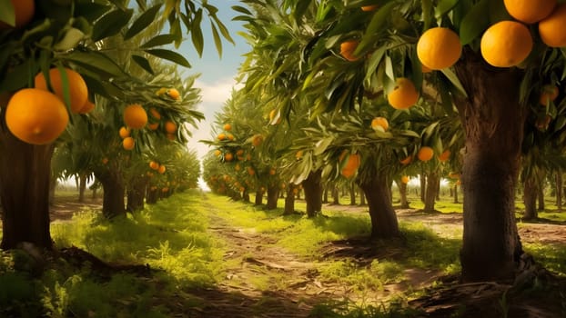 Oranges Ripening at Agriculture Farm at sunny summer day. Neural network generated in May 2023. Not based on any actual person, scene or pattern.