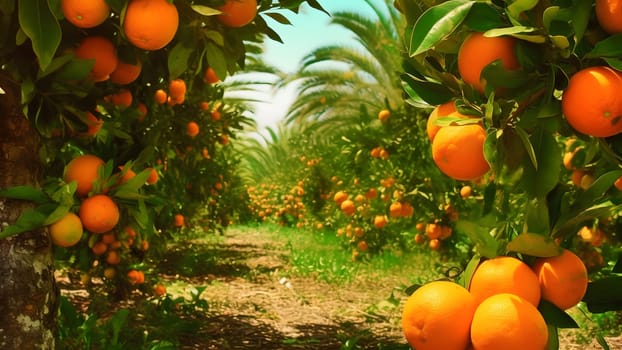 Oranges Ripening at Agriculture Farm at sunny summer day. Neural network generated in May 2023. Not based on any actual person, scene or pattern.