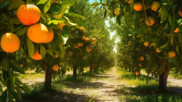 Oranges Ripening at Agriculture Farm at sunny summer day. Neural network generated in May 2023. Not based on any actual person, scene or pattern.