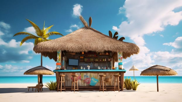 tiki bar on the beach with a palm tree and a blue sky with clouds in the background. Neural network generated in May 2023. Not based on any actual person, scene or pattern.