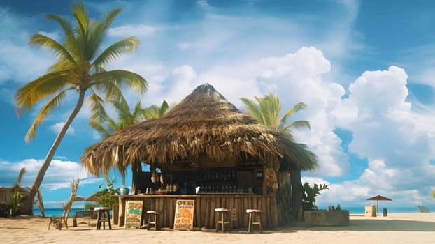 tiki bar on the beach with a palm tree and a blue sky with clouds in the background. Neural network generated in May 2023. Not based on any actual person, scene or pattern.