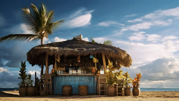 tiki bar on the beach with a palm tree and a blue sky with clouds in the background. Neural network generated in May 2023. Not based on any actual person, scene or pattern.