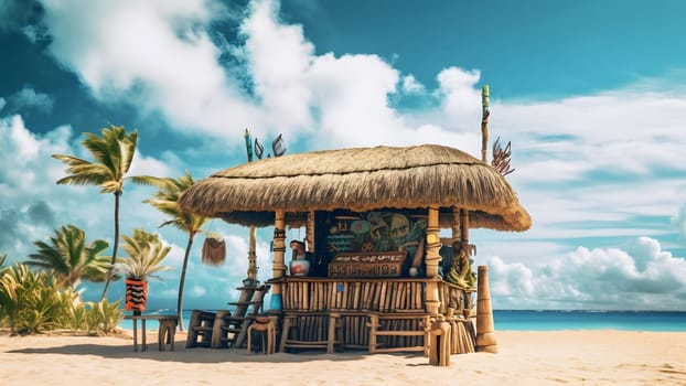 tiki bar on the beach with a palm tree and a blue sky with clouds in the background. Neural network generated in May 2023. Not based on any actual person, scene or pattern.