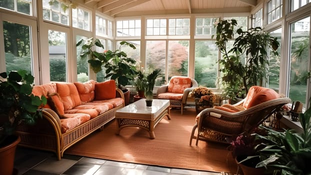 A charming sunroom with wicker furniture, tropical plants, and a view of the garden, botanical deco. Neural network generated in May 2023. Not based on any actual scene or pattern.