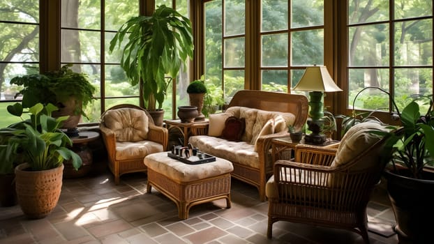 A charming sunroom with wicker furniture, tropical plants, and a view of the garden, botanical deco. Neural network generated in May 2023. Not based on any actual scene or pattern.