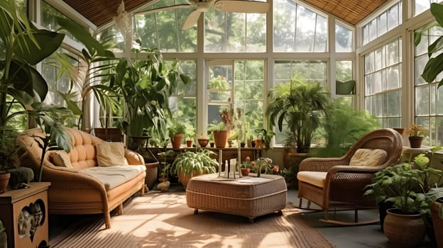 A charming sunroom with wicker furniture, tropical plants, and a view of the garden, botanical deco. Neural network generated in May 2023. Not based on any actual scene or pattern.