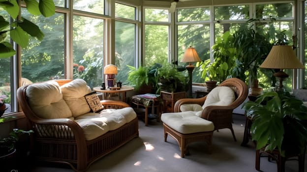 A charming sunroom with wicker furniture, tropical plants, and a view of the garden, botanical deco. Neural network generated in May 2023. Not based on any actual scene or pattern.