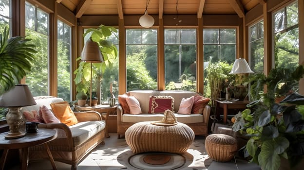 A charming sunroom with wicker furniture, tropical plants, and a view of the garden, botanical deco. Neural network generated in May 2023. Not based on any actual scene or pattern.