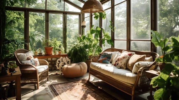 A charming sunroom with wicker furniture, tropical plants, and a view of the garden, botanical deco. Neural network generated in May 2023. Not based on any actual scene or pattern.
