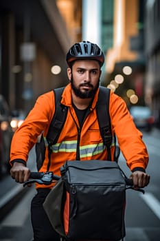 A food delivery man riding a bike, wearing a bright orange delivery uniform in the busy city streets at day time. Neural network generated in May 2023. Not based on any actual person or scene.