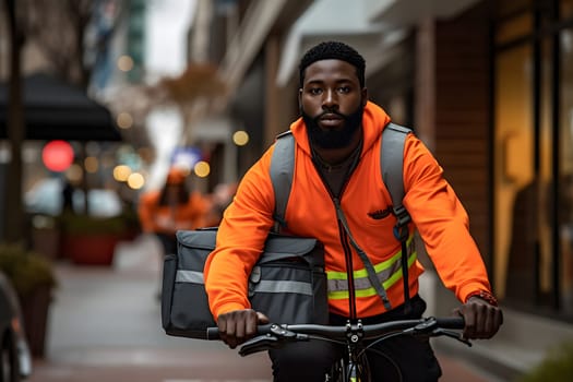 A food delivery african american man riding a bike, wearing an orange delivery uniform in the busy city streets at day. Neural network generated in May 2023. Not based on any actual person or scene.