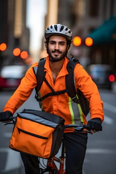 A food delivery man riding a bike, wearing a bright orange delivery uniform in the busy city streets at day time. Neural network generated in May 2023. Not based on any actual person or scene.