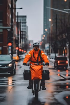 A food delivery man riding a bike, wearing a bright orange delivery uniform in the busy city streets at day time. Neural network generated in May 2023. Not based on any actual person or scene.