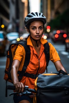 A food delivery woman riding a bike, wearing a bright orange delivery uniform in the busy city streets at day time. Neural network generated in May 2023. Not based on any actual person or scene.