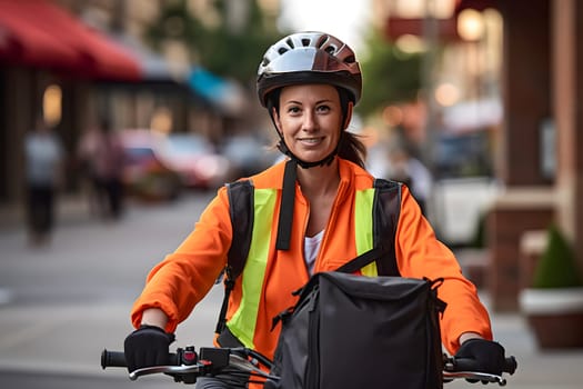 A food delivery woman riding a bike, wearing a bright orange delivery uniform in the busy city streets at day time. Neural network generated in May 2023. Not based on any actual person or scene.