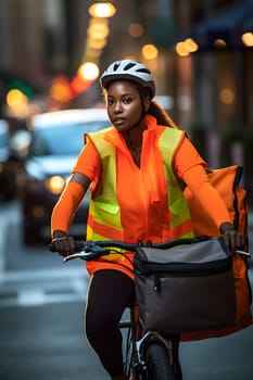 A food delivery african american woman riding a bike, wearing orange delivery uniform in the city streets at day time. Neural network generated in May 2023. Not based on any actual person or scene.