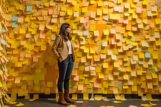 A woman standing in front of a wall full of sticky notes. Neural network generated in May 2023. Not based on any actual person, scene or pattern.