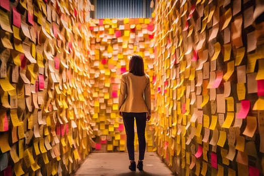 A woman standing in front of a wall full of sticky notes. Neural network generated in May 2023. Not based on any actual person, scene or pattern.