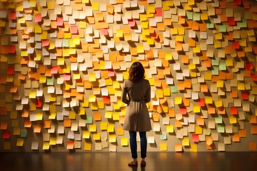 A woman standing in front of a wall full of sticky notes. Neural network generated in May 2023. Not based on any actual person, scene or pattern.