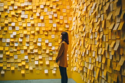 A woman standing in front of a wall full of sticky notes. Neural network generated in May 2023. Not based on any actual person, scene or pattern.