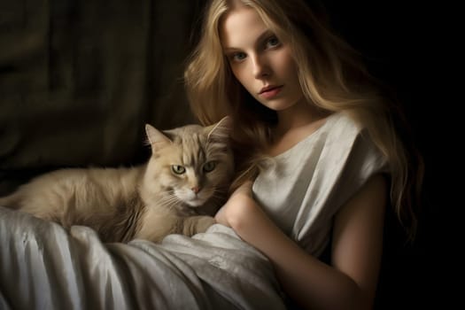 pretty young blonde caucasian woman and her cat resting. Neural network generated in May 2023. Not based on any actual person, scene or pattern.