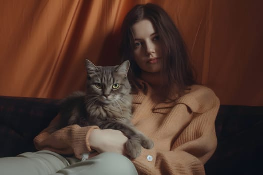 pretty young brunette caucasian woman and her cat resting. Neural network generated in May 2023. Not based on any actual person, scene or pattern.