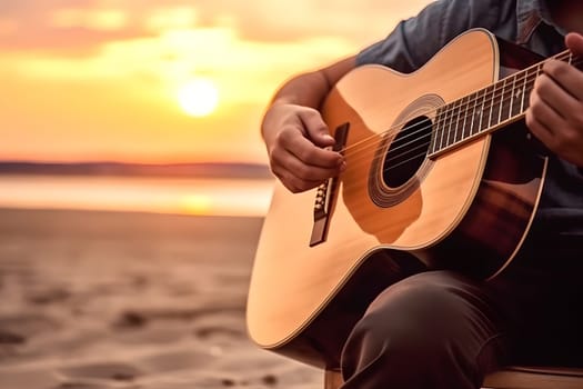 Caucasian man playing acoustic guitar on sandy beach at sunset time. Playing music concept. Neural network generated in May 2023. Not based on any actual person, scene or pattern.