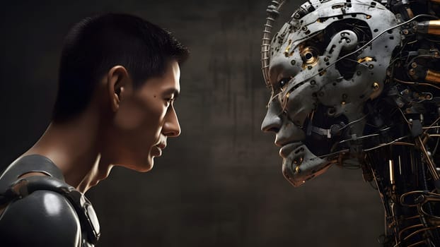 asian young adult man versus robot looking at each other, face to face, side view. Neural network generated in May 2023. Not based on any actual person, scene or pattern.