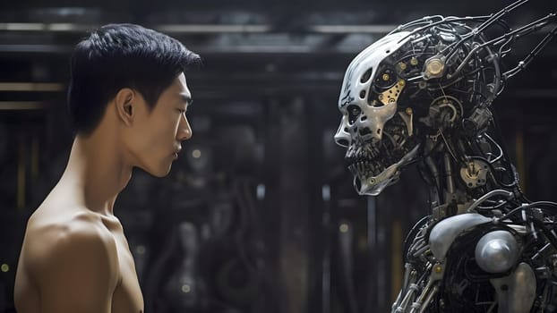 asian young adult man versus robot looking at each other, face to face, side view. Neural network generated in May 2023. Not based on any actual person, scene or pattern.