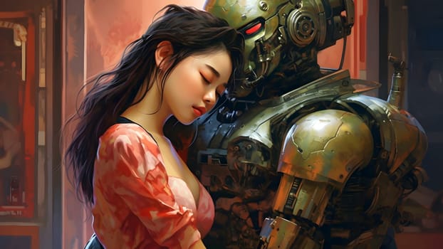 humanoid robot in love hugging with asian young adult woman. Neural network generated in May 2023. Not based on any actual person, scene or pattern.