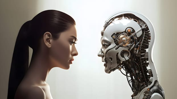 asian woman versus robot looking at each other, face to face, side view. Neural network generated in May 2023. Not based on any actual person, scene or pattern.