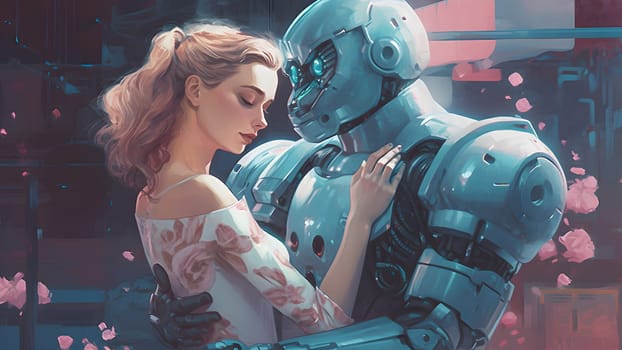 humanoid robot in love hugging with young adult caucasian blonde woman. Neural network generated in May 2023. Not based on any actual person, scene or pattern.