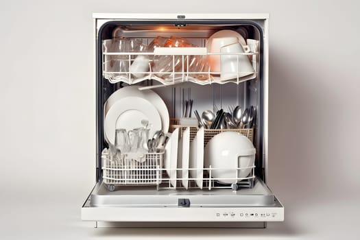 dishwasher machine with dishes inside on white background. Neural network generated in May 2023. Not based on any actual person, scene or pattern.