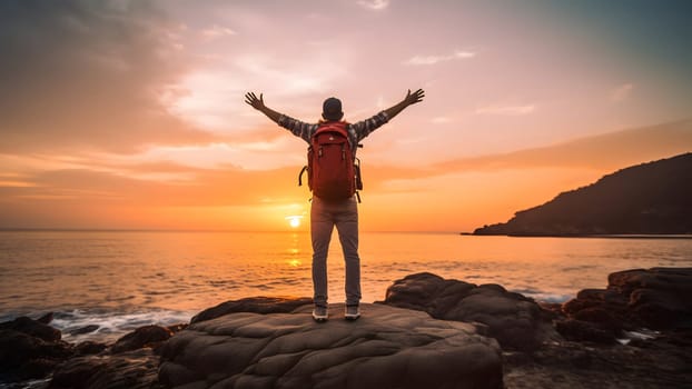 Happy traveler enjoying freedom at susnet beach - Cheerful hiker with backpack raising hands up at sunset. Neural network generated in May 2023. Not based on any actual person, scene or pattern.