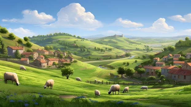 green hills under a blue sky with white clouds, serene countryside vibe with farmhouses and grazing sheeps. Neural network generated in May 2023. Not based on any actual scene or pattern.