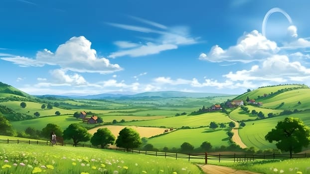 green hills under a blue sky with white clouds, serene countryside vibe with farmhouses and fenced fields. Neural network generated in May 2023. Not based on any actual scene or pattern.