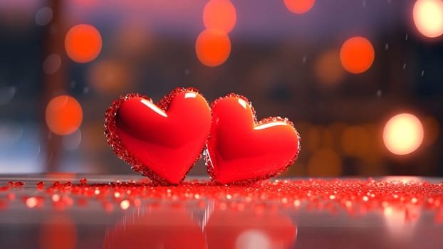 Saint Valentine day greeting card background with two red hearts against festive bokeh. Neural network generated in May 2023. Not based on any actual scene or pattern.