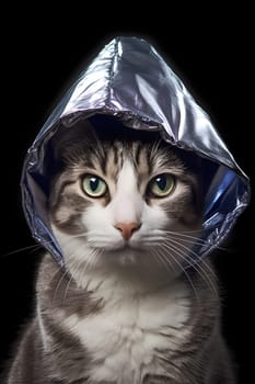 suspicious cat wearing foil hat on black background,. Neural network generated in May 2023. Not based on any actual scene or pattern.