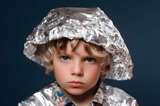 suspicious caucasian kid in foil hat looking into camera. Neural network generated in May 2023. Not based on any actual person, scene or pattern.