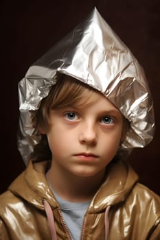 suspicious caucasian kid in foil hat looking into camera. Neural network generated in May 2023. Not based on any actual person, scene or pattern.